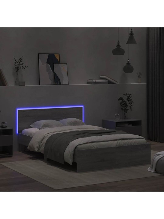Gultas rāmis ar galvgali un led, pelēka ozola, 135x190 cm