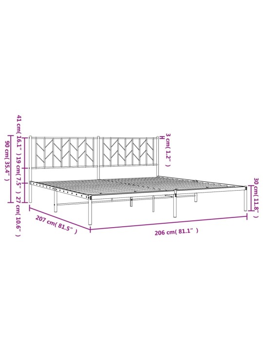 Gultas rāmis ar galvgali, melns metāls, 200x200 cm