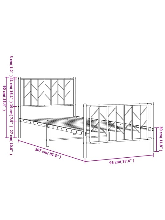 Gultas rāmis ar galvgali un kājgali, melns metāls, 90x200 cm