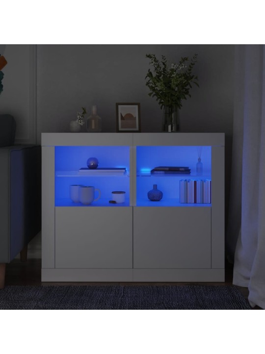 Naktsskapīši ar led lampām, 2 gab., balti, inženierijas koks