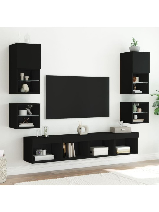 Tv plaukti ar led lampiņām, 2 gab., melni, 30x28,5x30 cm