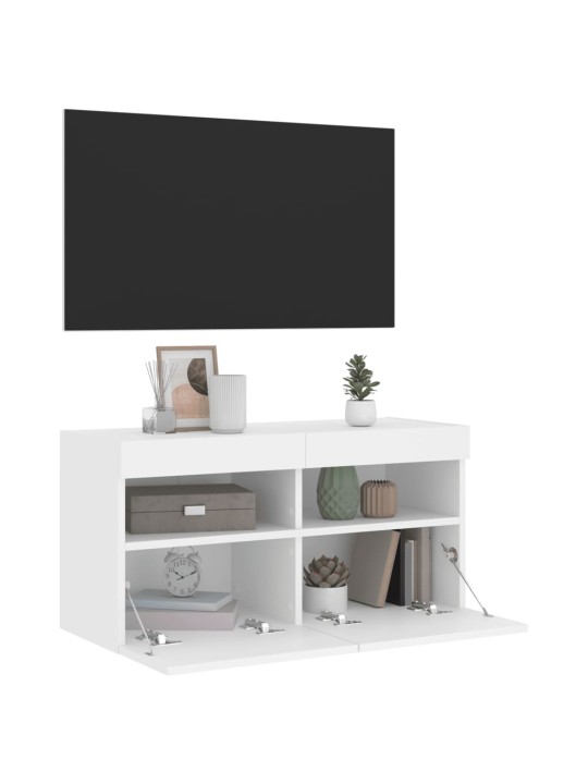 Tv galdiņš ar led lampiņām, balti, 80x30x40 cm