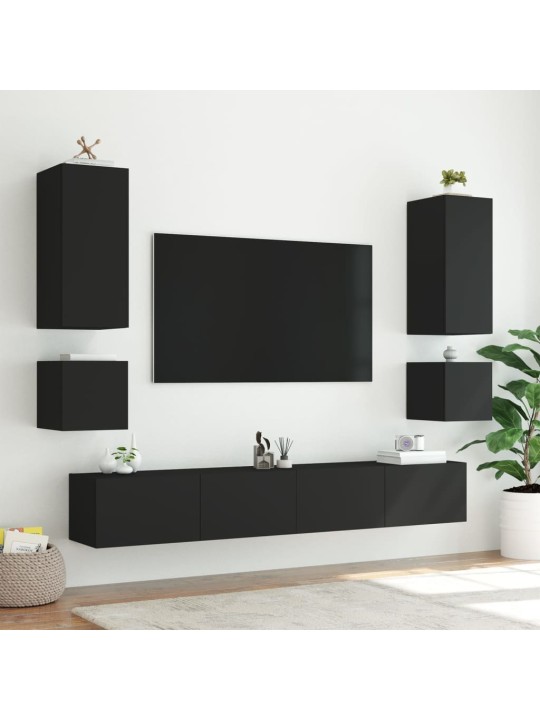Tv plaukti ar led lampiņām, 2 gab., melni, 40,5x35x40 cm