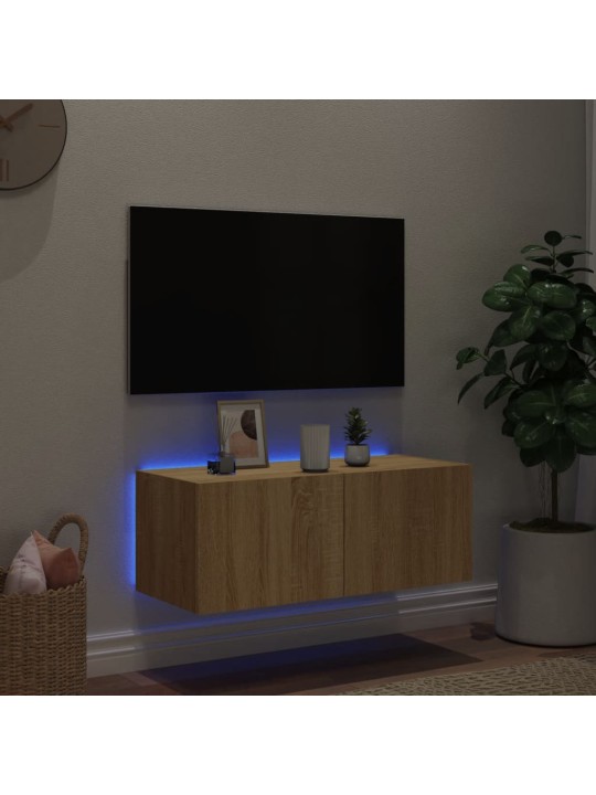 Tv plaukti ar led lampiņām, 80x35x31 cm, koka krāsā
