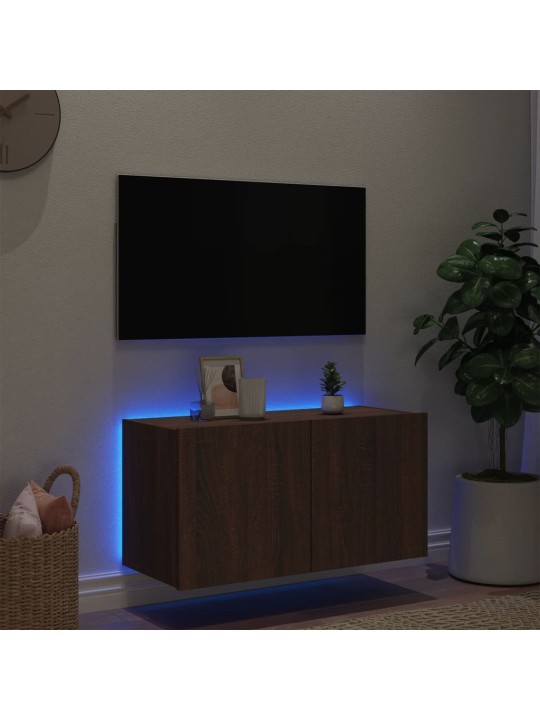 Tv plaukti ar led lampiņām, 80x35x41 cm, brūna ozolkoka