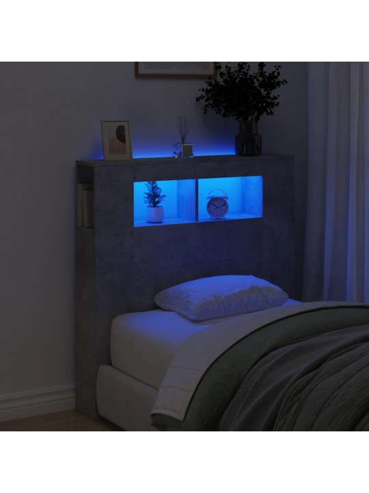Gultas galvgalis ar led, betona pelēks, 100x18,5x103,5 cm, koks