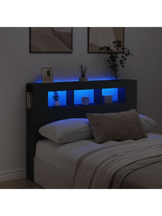 Gultas galvgalis ar led, melns, 140x18,5x103,5 cm, koks