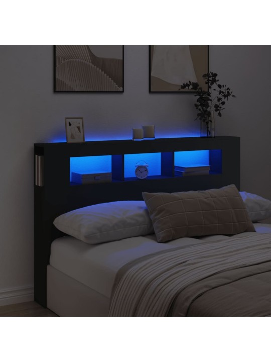 Gultas galvgalis ar led, melns, 160x18,5x103,5 cm, koks