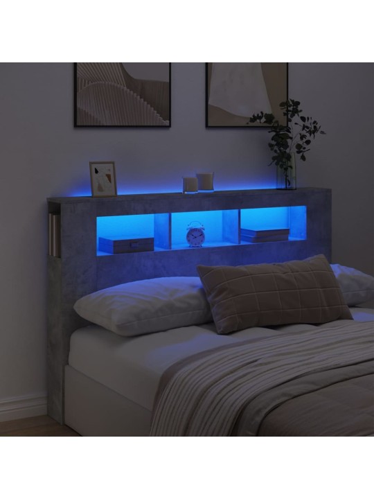 Gultas galvgalis ar led, betona pelēks, 160x18,5x103,5 cm, koks