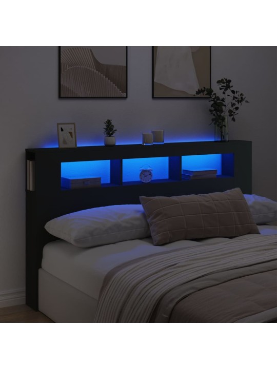 Gultas galvgalis ar led, melns, 180x18,5x103,5 cm, koks