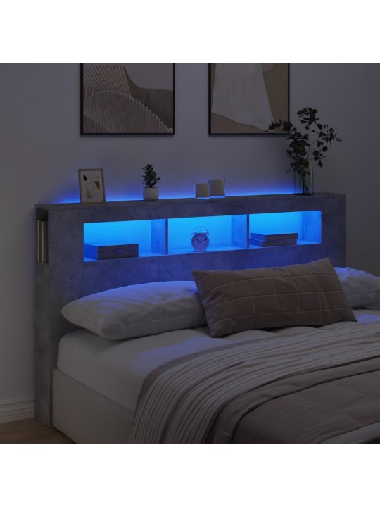 Gultas galvgalis ar led, betona pelēks, 180x18,5x103,5 cm, koks
