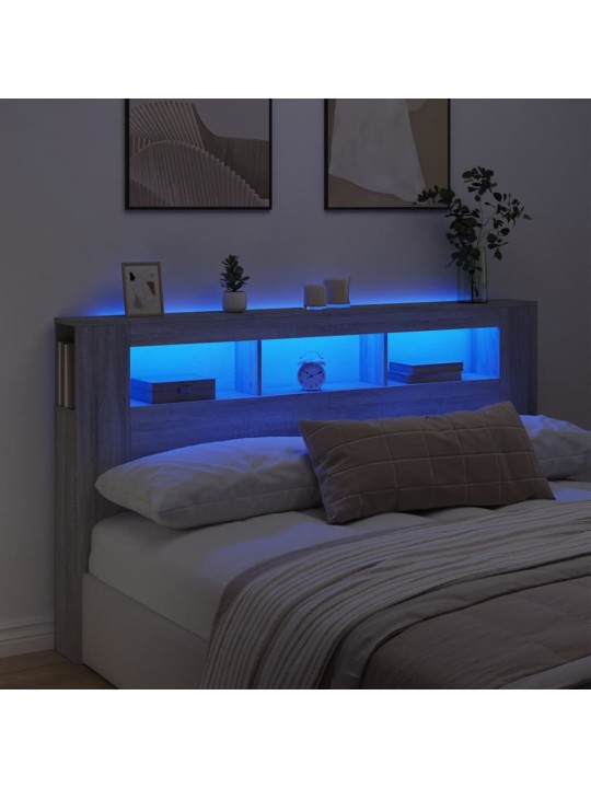 Gultas galvgalis ar led, pelēka ozola, 180x18,5x103,5 cm, koks