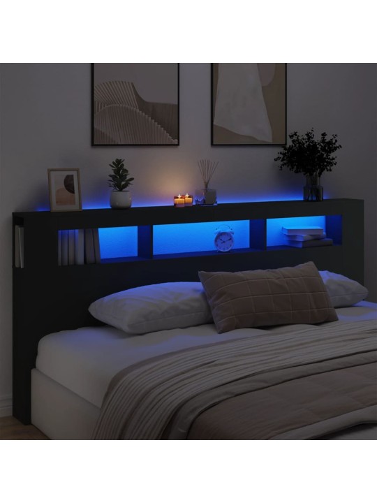 Gultas galvgalis ar led, melns, 220x18,5x103,5 cm, koks