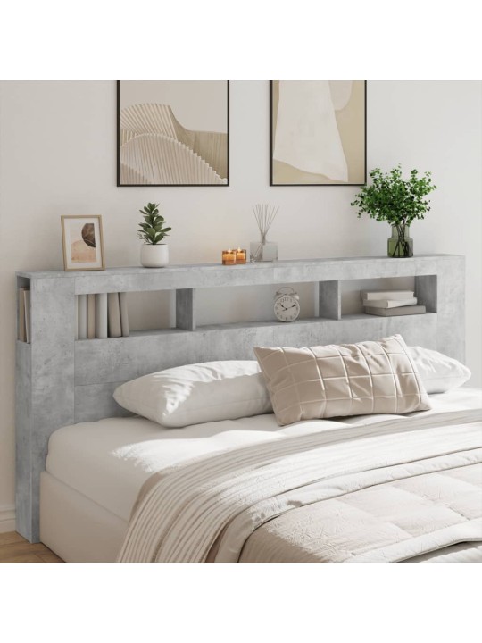 Gultas galvgalis ar led, betona pelēks, 220x18,5x103,5 cm, koks
