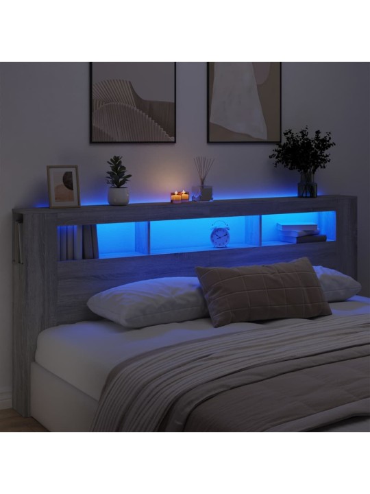 Gultas galvgalis ar led, pelēka ozola, 220x18,5x103,5 cm, koks