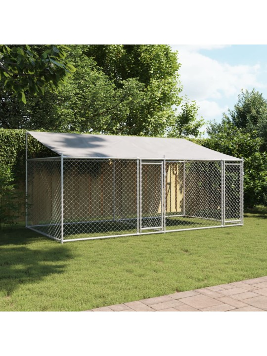 Suņu būris ar jumtu un durvīm, pelēks, 4x2x2 m, cinkots tērauds