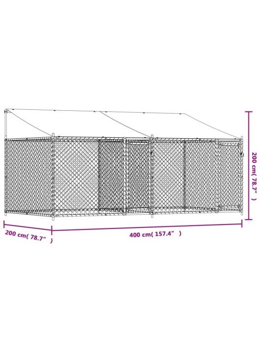 Suņu būris ar jumtu un durvīm, pelēks, 4x2x2 m, cinkots tērauds