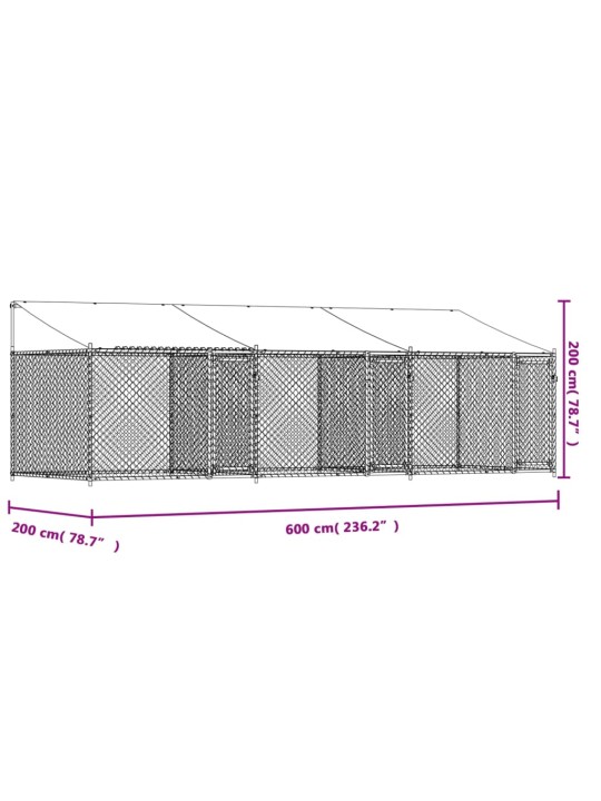 Suņu būris ar jumtu un durvīm, pelēks, 6x2x2 m, cinkots tērauds