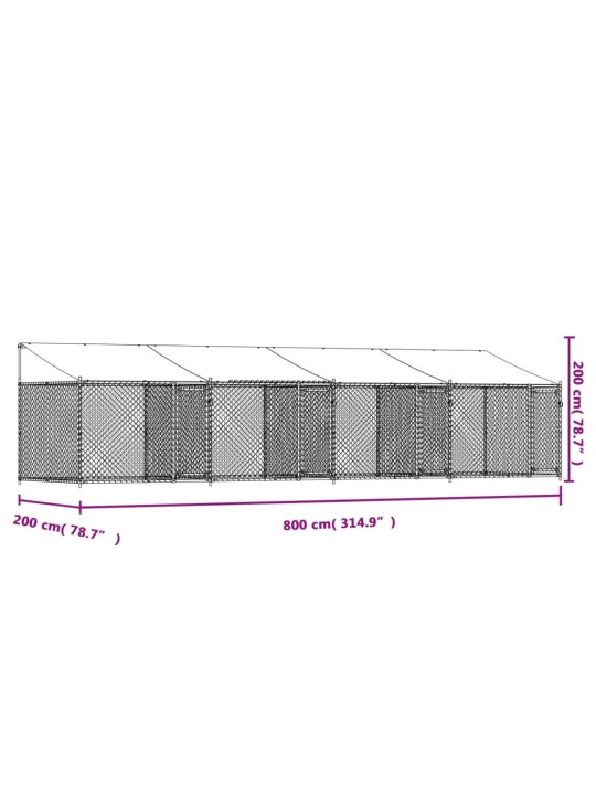 Suņu būris ar jumtu un durvīm, pelēks, 8x2x2 m, cinkots tērauds