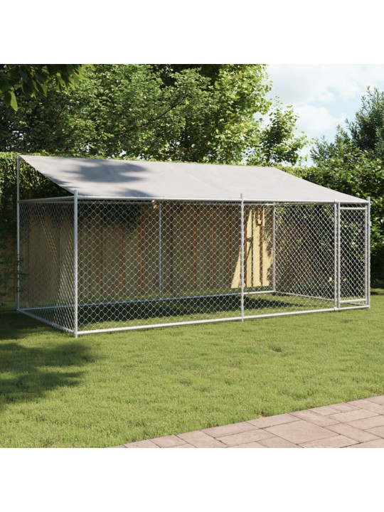Suņu būris ar jumtu un durvīm, pelēks, 4x2x2 m, cinkots tērauds