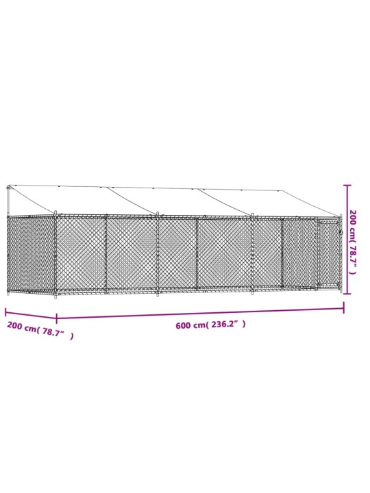 Suņu būris ar jumtu un durvīm, pelēks, 6x2x2 m, cinkots tērauds