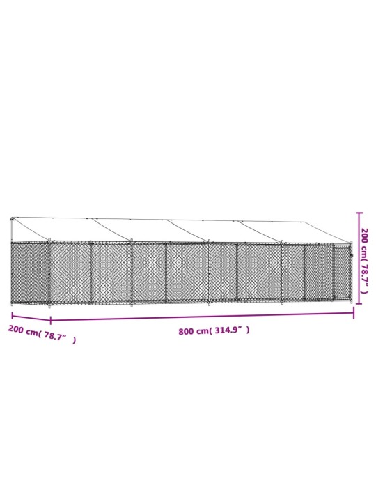 Suņu būris ar jumtu un durvīm, pelēks, 8x2x2 m, cinkots tērauds