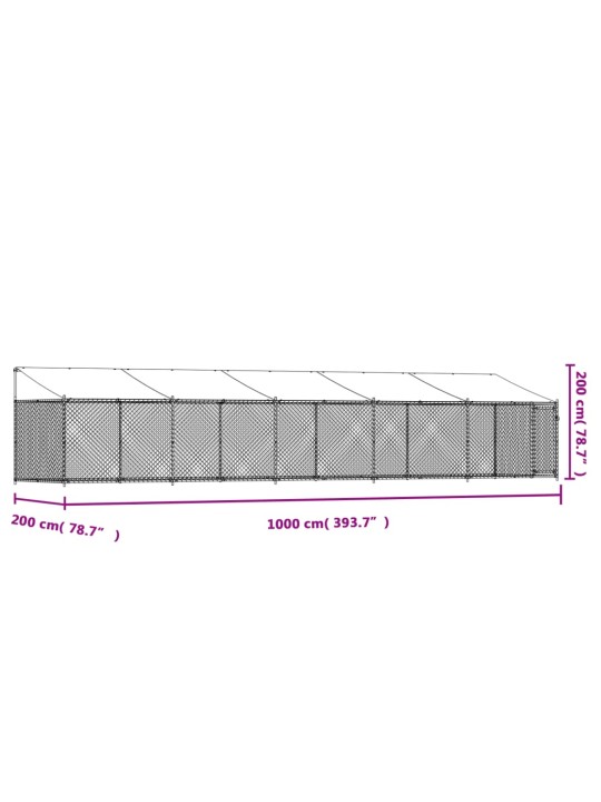 Suņu būris ar jumtu un durvīm, pelēks, 10x2x2m, cinkots tērauds