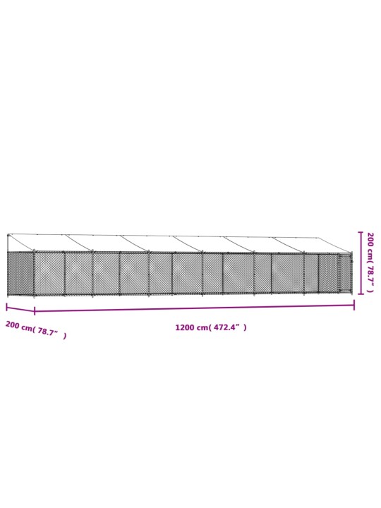 Suņu būris ar jumtu un durvīm, pelēks, 12x2x2m, cinkots tērauds