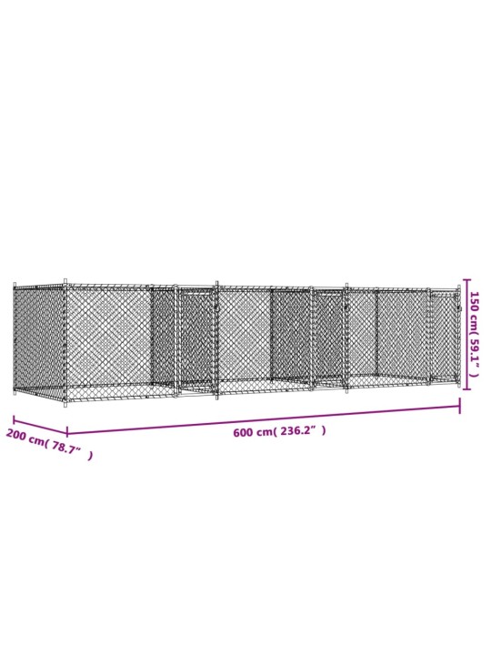 Suņu būris ar durvīm, pelēks, 6x2x1,5 m, cinkots tērauds