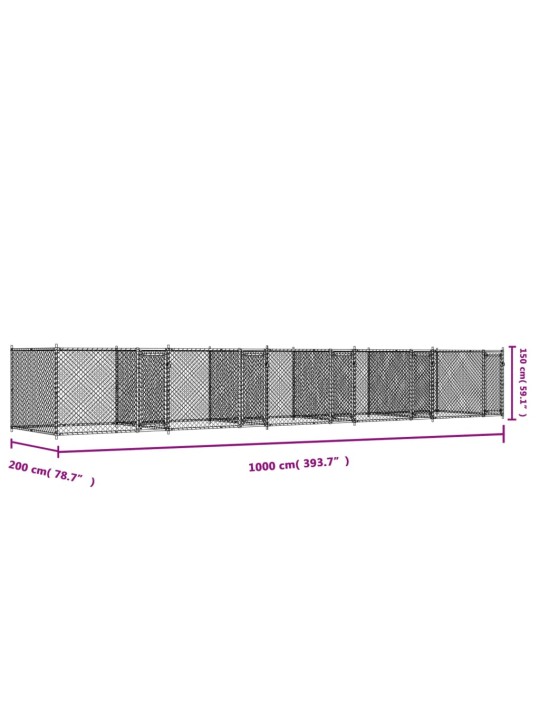 Suņu būris ar durvīm, pelēks, 10x2x1,5 m, cinkots tērauds