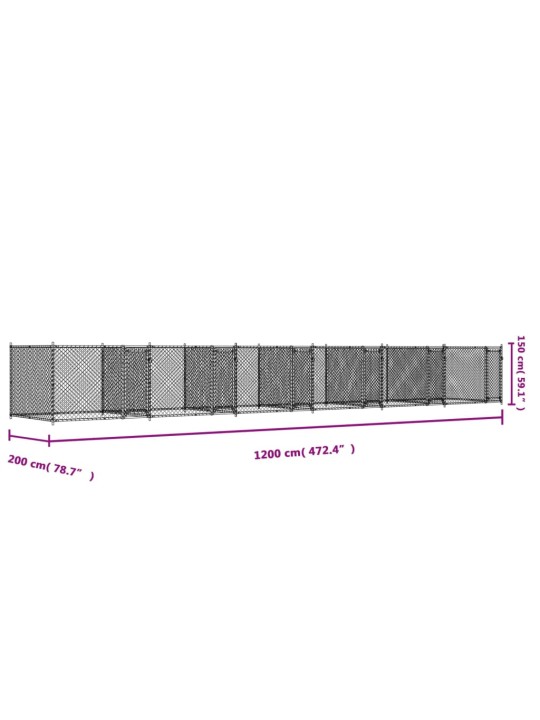 Suņu būris ar durvīm, pelēks, 12x2x1,5 m, cinkots tērauds