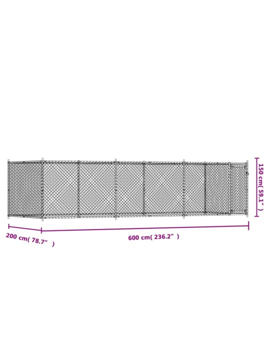 Suņu būris ar durvīm, pelēks, 6x2x1,5 m, cinkots tērauds