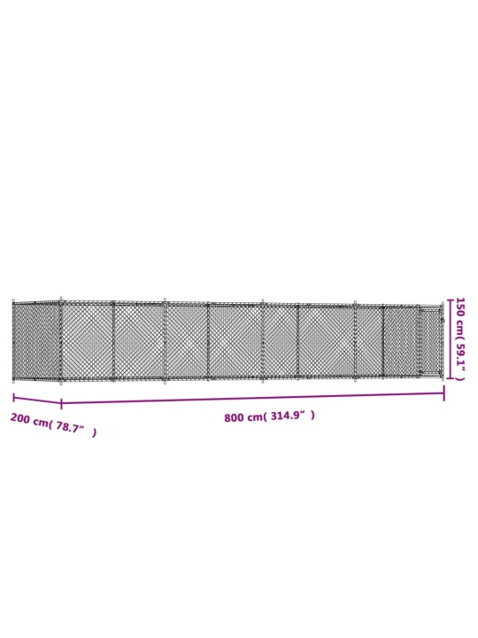 Suņu būris ar durvīm, pelēks, 8x2x1,5 m, cinkots tērauds