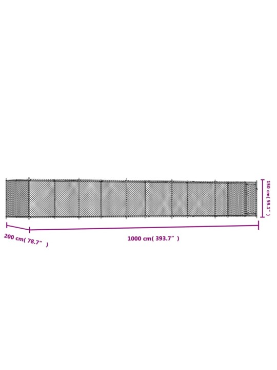 Suņu būris ar durvīm, pelēks, 10x2x1,5 m, cinkots tērauds