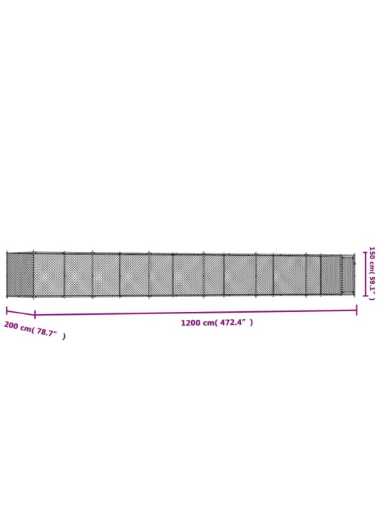 Suņu būris ar durvīm, pelēks, 12x2x1,5 m, cinkots tērauds