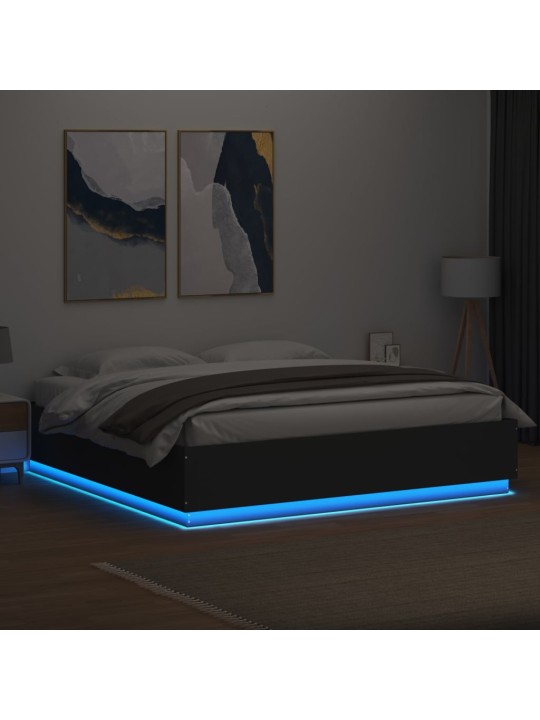 Gultas rāmis ar led, melns, 200x200 cm, inženierijas koks