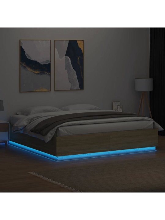 Gultas rāmis ar LED, ozola, 200x200 cm, inženierijas koks