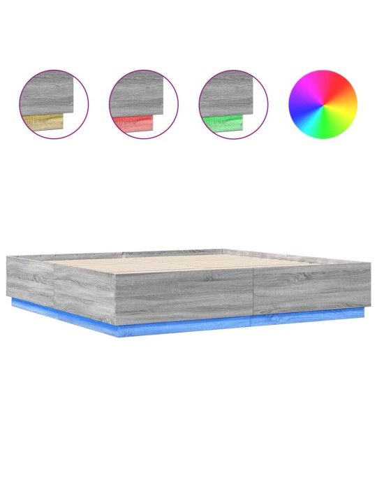 Gultas rāmis ar LED, pelēka ozola, 200x200cm, inženierijas koks