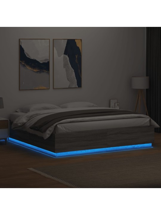 Gultas rāmis ar LED, pelēka ozola, 200x200cm, inženierijas koks