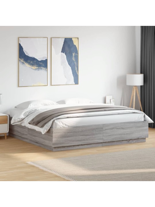Gultas rāmis ar LED, pelēka ozola, 200x200cm, inženierijas koks