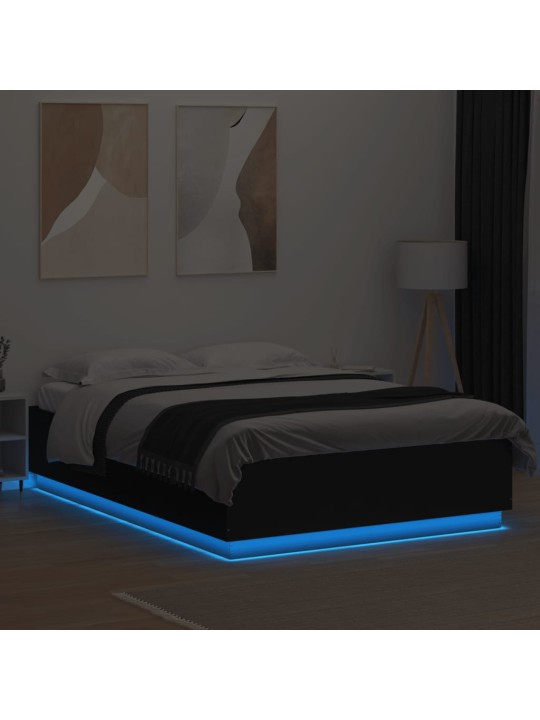 Gultas rāmis ar LED, melns, 150x200 cm, inženierijas koks