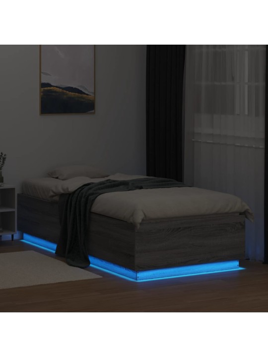 Gultas rāmis ar LED, pelēka koka, 100x200 cm, inženierijas koks