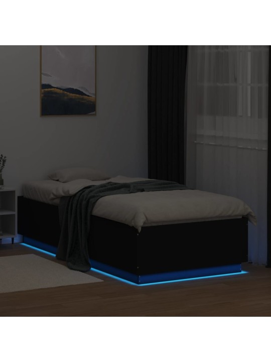 Gultas rāmis ar LED, melns, 90x200 cm, inženierijas koks