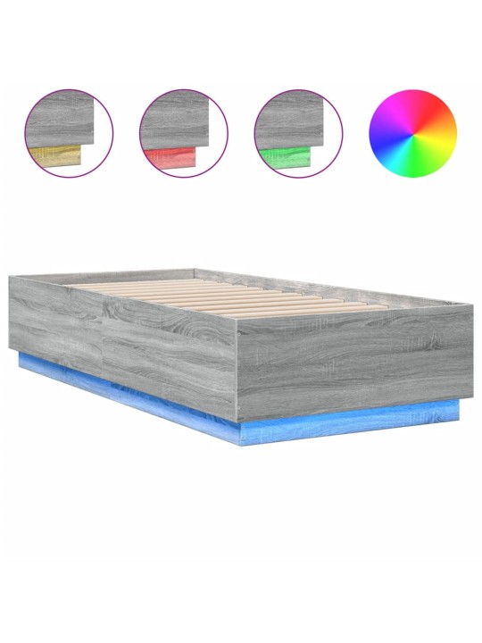 Gultas rāmis ar LED, pelēka koka, 90x200 cm, inženierijas koks