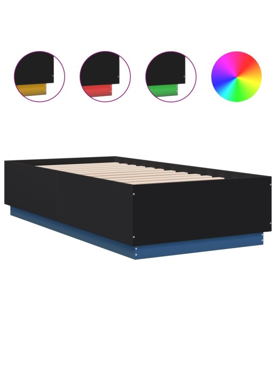 Gultas rāmis ar LED, melns, 75x190 cm, inženierijas koks