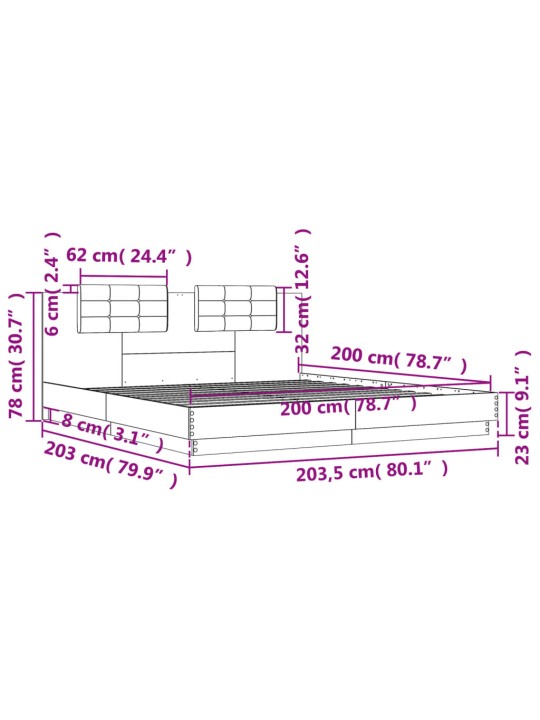 Gultas rāmis ar galvgali, ozolkoka krāsā, 200x200 cm