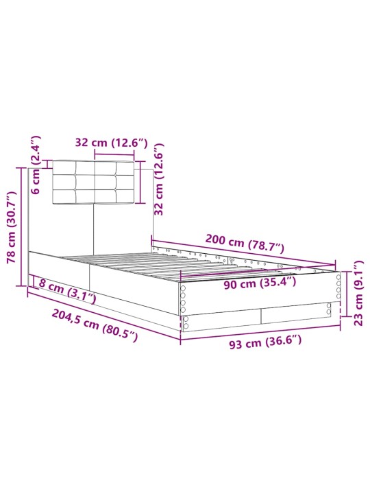 Gultas rāmis ar galvgali, pelēks, 90x200 cm, inženierijas koks