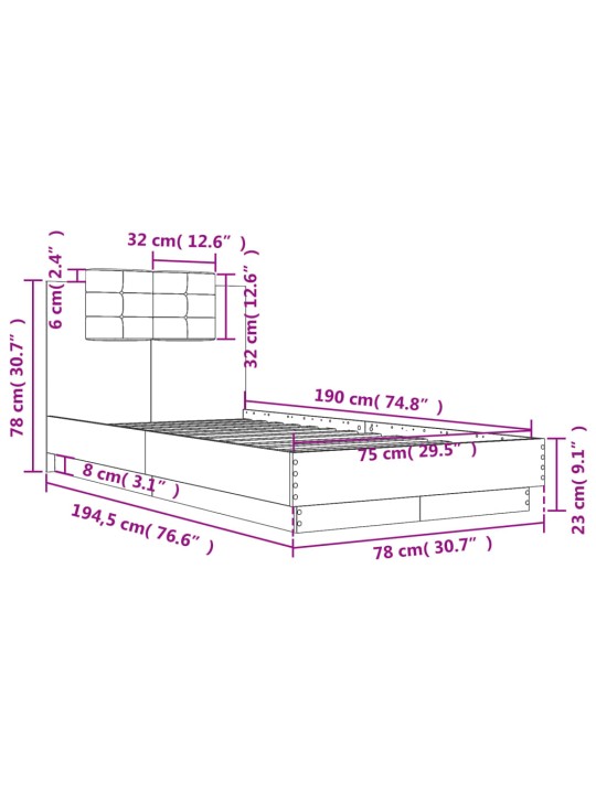 Gultas rāmis ar galvgali, melns, 75x190 cm, inženierijas koks
