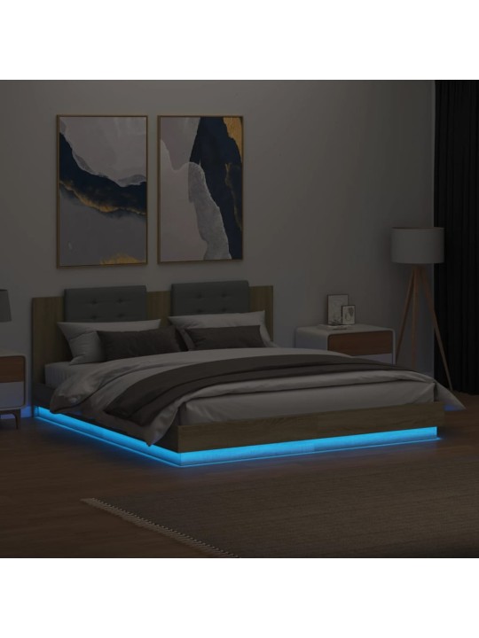 Gultas rāmis ar galvgali un LED, koka krāsa, 200x200 cm