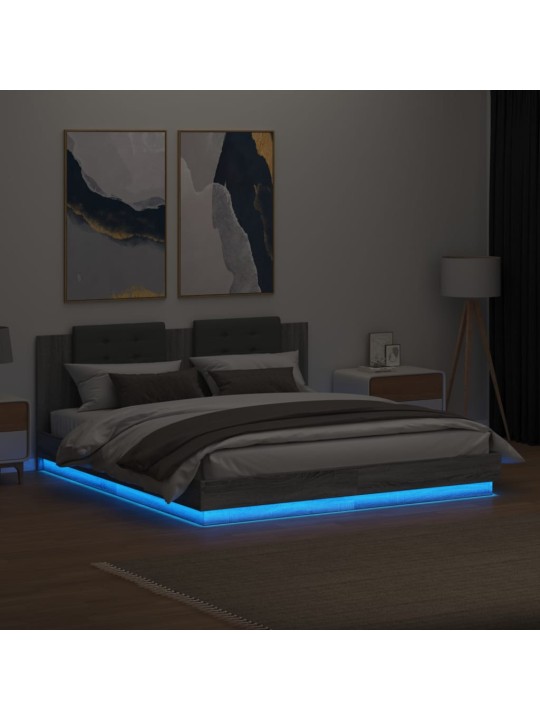 Gultas rāmis ar galvgali un led, pelēka ozola, 200x200 cm